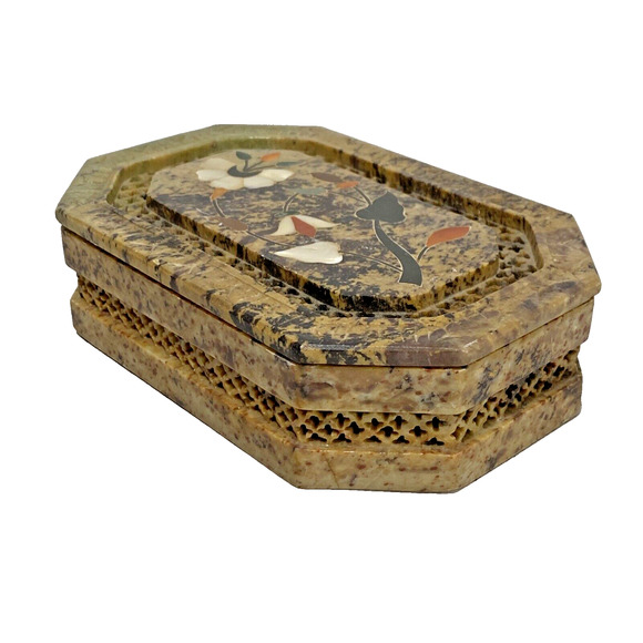 Trinket Jewelry Box & Lid Carve Stone Marble Mother of Pearl Inlay Flower Design - Picture 11 of 11